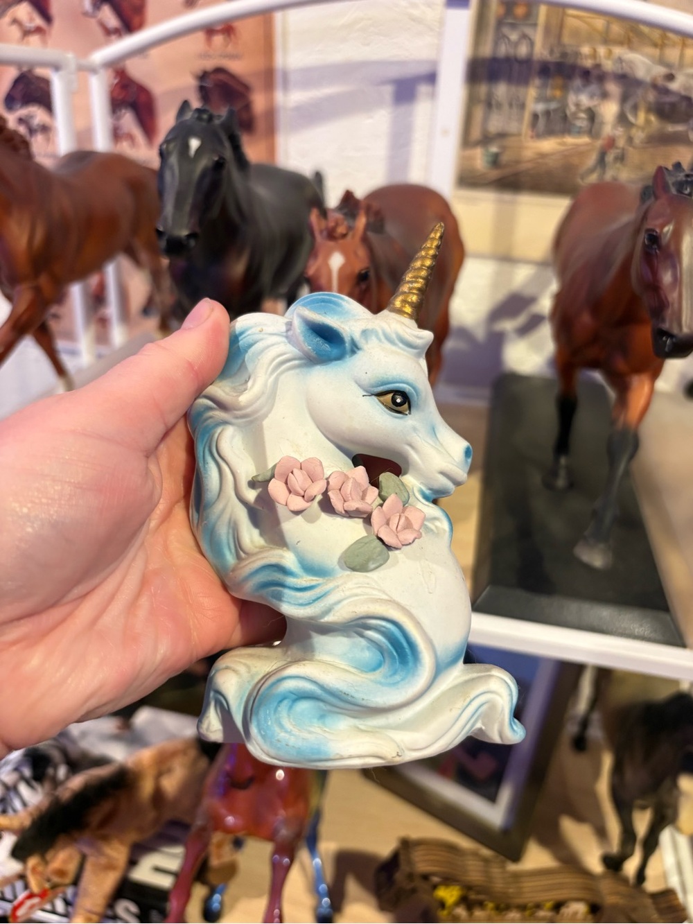 Hand-Painted White & Blue Unicorn Ceramic Figurine with Gold Horn
